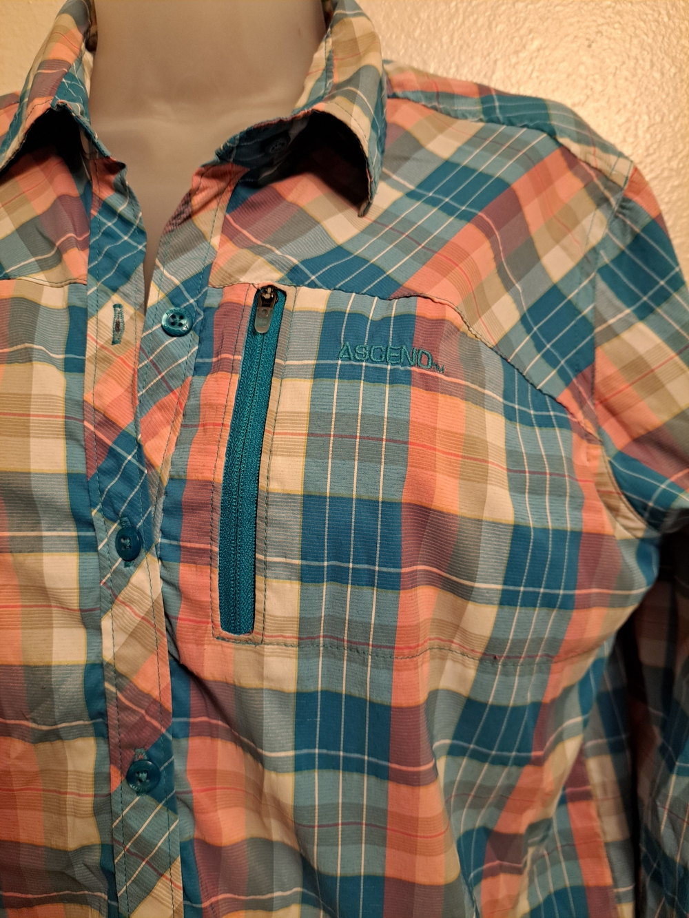 Ascend Lightweight Teal & Peach Plaid Casual Button-Down Shirt.Fishing,Hiking - Picture 2 of 9